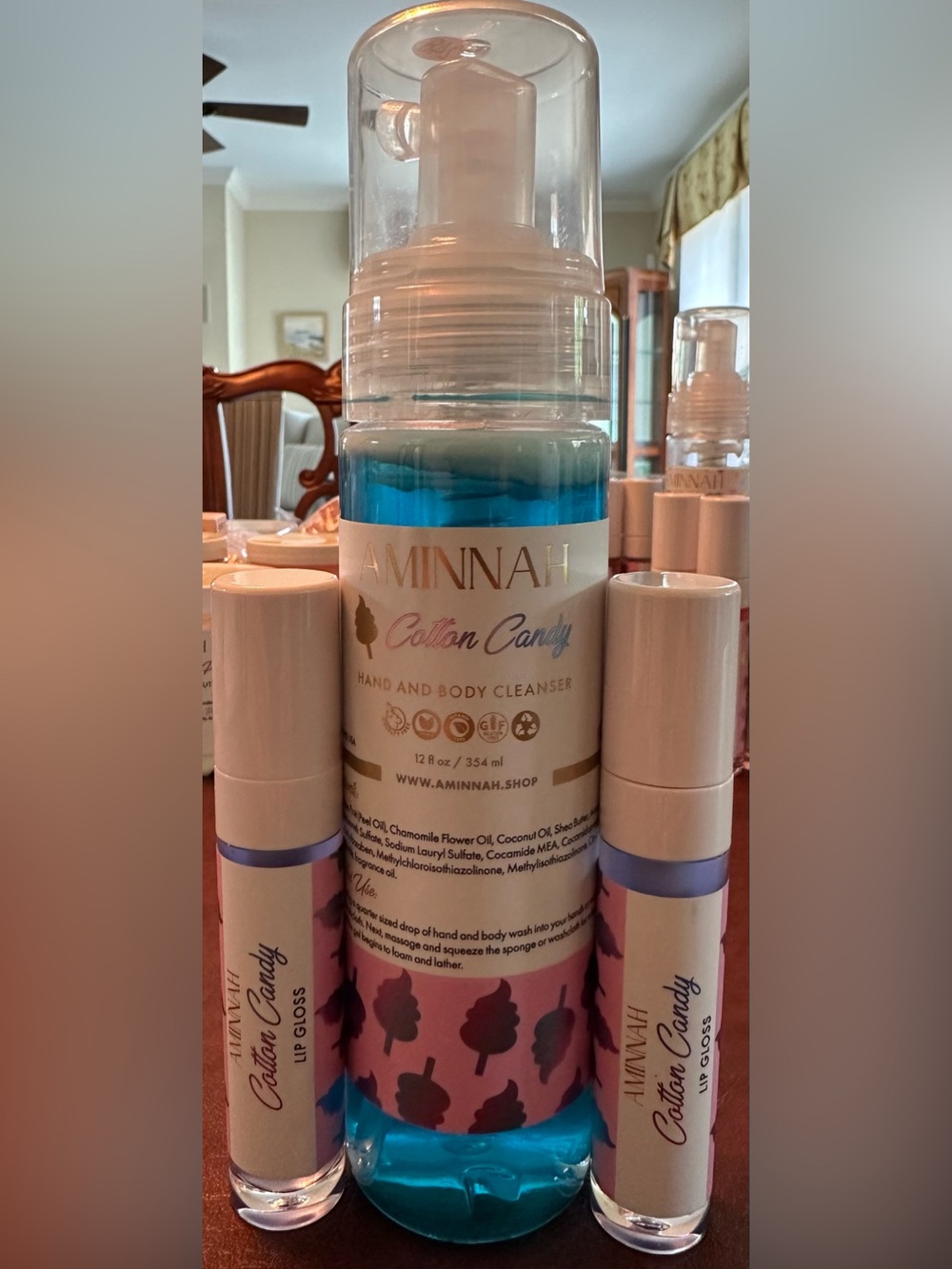 AMINNAH “Cotton Candy” Hand & Body Cleanser and 2 Lip Glosses NEW